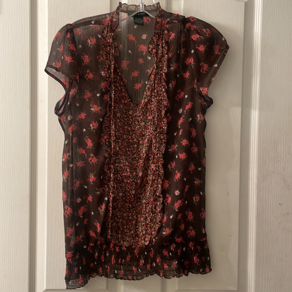 Brown shortsleeved mock neck floral print sheer tie-front boho blouse size large